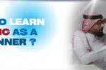 Image for a blog on learning Arabic as a beginner, featuring a man in traditional Middle Eastern attire and a woman interacting positively over a laptop. The text 'How to Learn Arabic as a Beginner?' is displayed in bold blue and red fonts, with the Zabeel International logo and website URL (https://zabeelinstitute.ae/) at the bottom left.