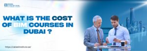 Is it Worth It? Analyzing the Cost of BIM Courses in Dubai A business professional in a suit and a younger colleague review documents at a glass table, with a 3D building model subtly displayed in the background. The bold text on the left reads, "What is the cost of BIM courses in Dubai?" along with Zabeel International Institute’s logo and website link, highlighting BIM course cost inquiries for professionals in Dubai.