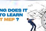 Blog image featuring the title 'How Long Does It Take to Learn Revit MEP?' in bold text. The design includes a clock symbolizing time and a blueprint background, with a professional pulling a rope, emphasizing effort and learning pace. URL: zabeelinstitute.ae."