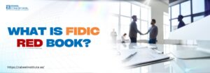 "Image showing the question 'What is FIDIC Red Book?' with a blurred office background of professionals shaking hands, symbolizing business agreements. The Zabeel Institute logo is in the top-left corner, and the website link 'https://zabeelinstitute.ae/' is displayed below."