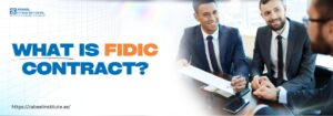 Three business professionals in formal attire sitting at a table, discussing a document. Text overlay reads 'What is FIDIC Contract?' with Zabeel Institute logo and website link (https://zabeelinstitute.ae/) in the corner.