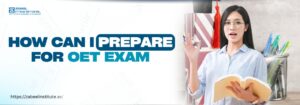 A professional-looking woman holds an open book in her hand, gesturing confidently with a pen in the other. She stands in front of a background featuring academic elements, including books and a graduation cap, symbolizing preparation for exams. The image is titled "How can I prepare for OET exam?" and includes the website link "https://zabeelinstitute.ae/" at the bottom, emphasizing guidance for the Occupational English Test preparation.