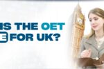 A professional woman holding a folder is depicted in this image, set against a background featuring the iconic Big Ben and the Union Jack flag, symbolizing the UK. The bold headline reads, "What is the OET score for UK?" referring to the Occupational English Test requirements for professionals aiming to work in the UK. The website link "https://zabeelinstitute.ae/" is displayed at the bottom.