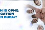 The image features a group of diverse healthcare professionals standing in a circle, stacking their hands together in unity, symbolizing teamwork and professional growth. The bold text on the left reads, "How much is CPHQ certification course in Dubai?" in blue, highlighting the topic of Certified Professional in Healthcare Quality (CPHQ) course fees in Dubai. The website link "https://zabeelinstitute.ae/" is included for further details.