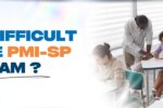 The image depicts a classroom setting where students are taking an exam, with a teacher assisting one of them. The students appear focused, indicating a challenging test environment. On the left side, the bold text reads, "How Difficult is the PMI-SP Exam?" in blue and orange, emphasizing the topic of the blog post. The design suggests a discussion about the difficulty level of the PMI Scheduling Professional (PMI-SP) exam. The website link "https://zabeelinstitute.ae/" directs readers to more information.