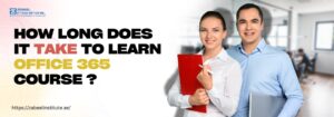 A blog image titled 'How Long Does It Take to Learn Office 365 Course?' featuring a clean, modern design with bold typography. The text is centered on a light background, and the logo 'ZAGGEL' appears at the top. The website link for Zabeel Institute (https://zabeelinstitute.ae/) is displayed at the bottom. The image promotes an educational course on Microsoft Office 365.