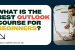 Blog image with the question 'What is the best Outlook course for beginners?' in bold text. The layout includes two visuals: a casual conversation over coffee on the left and a focused team discussion around a laptop on the right.