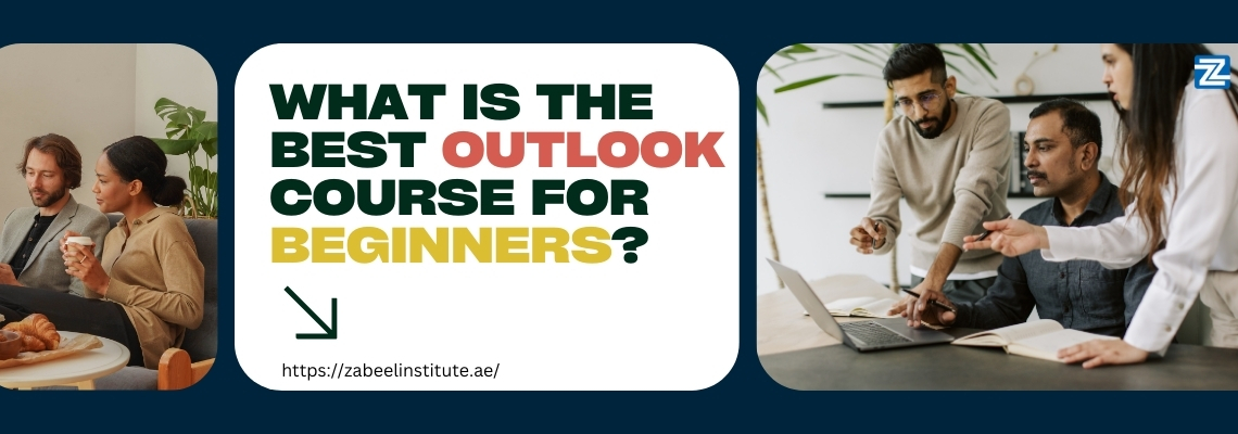 Blog image with the question 'What is the best Outlook course for beginners?' in bold text. The layout includes two visuals: a casual conversation over coffee on the left and a focused team discussion around a laptop on the right.