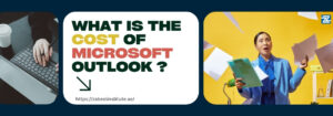 Blog banner with the text 'What is the cost of Microsoft Outlook?' in bold, colorful fonts. The banner also shows an image of a person typing on a keyboard on the left and a surprised woman holding documents on the right, with flying papers around her.