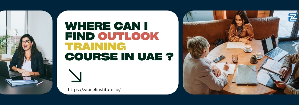 Promotional blog image asking 'Where can I find Outlook training course in UAE?' in bold, colorful text. The design includes a smiling woman working on a laptop on the left and a group discussion around a table on the right.