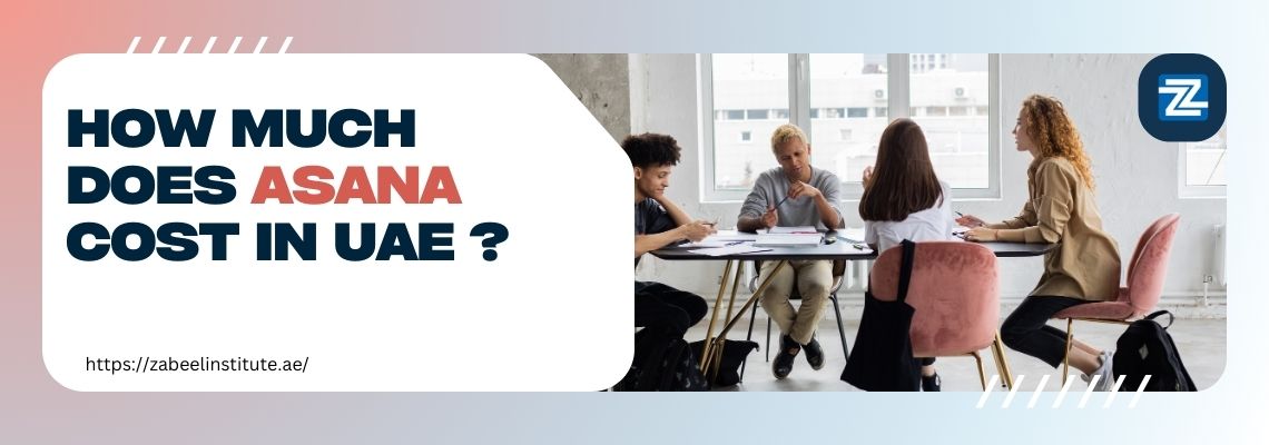 A group of professionals having a discussion around a table in a modern office setting. On the left side, bold text reads: "How much does ASANA cost in UAE?" with the Zabeel Institute logo and website link included.
