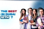 A blog banner image displaying the text 'What are the best courses in Dubai after 12th?' in bold blue and red font. Five smiling students holding books and folders stand in front of a modern academic building. Website link: https://zabeelinstitute.ae/