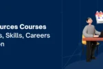 3D animated characters participating in a virtual meeting next to the title 'Human Resources Courses Online: Types, Skills, Careers & Certification' at Zabeel International Institute.