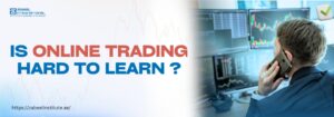A man in a business suit on the phone, sitting in front of multiple monitors displaying stock charts, with the text 'Is Online Trading Hard to Learn?' and Zabeel Institute's website link.