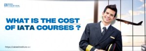 Smiling airline pilot standing at airport terminal with airplane in background, promoting IATA course cost information by Zabeel Institute Dubai – https://zabeelinstitute.ae/