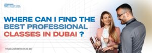 A smiling man and woman discussing something while holding a tablet and laptop, standing in a modern grid-like virtual background. The text on the left reads: "Where can I find the best professional classes in Dubai?" Includes the Zabeel Institute logo and website URL (https://zabeelinstitute.ae/).