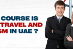 A professionally dressed man and woman standing confidently inside a modern office environment. On the left side, bold text reads: "Which course is best in Travel and Tourism in UAE?" along with the website link "https://zabeelinstitute.ae/