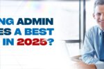 A smiling professional man in a blue shirt and tie sits at a desk in a modern office setting. The text beside him reads: "Is taking admin courses a best choice in 2025?" with the website link "https://zabeelinstitute.ae/" at the bottom.