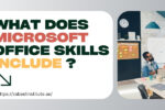 Zabeel Institute blog banner with text 'What Does Microsoft Office Skills Include?' showcasing a modern workspace and team collaboration, highlighting essential Office tools like Word, Excel, and PowerPoint