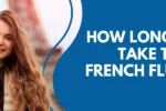 A young woman with wavy hair stands in front of the Eiffel Tower, featuring French flags and a text about learning French fluently.