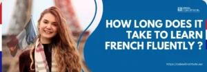 A young woman with wavy hair stands in front of the Eiffel Tower, featuring French flags and a text about learning French fluently.