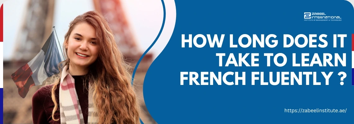 A young woman with wavy hair stands in front of the Eiffel Tower, featuring French flags and a text about learning French fluently.