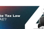 A businessman with a tax sign for a head poses with a briefcase, questioning corporate tax law in the UAE. Zabeel Institute branding visible.