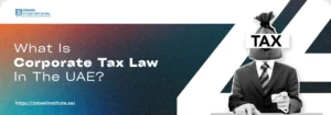 A businessman with a tax sign for a head poses with a briefcase, questioning corporate tax law in the UAE. Zabeel Institute branding visible.