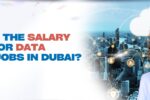 Smiling woman holding dollar bills with Dubai skyline and cloud data network icons in the background – representing salary ranges for data science jobs in Dubai at Zabeel Institute.