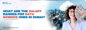 What Are The Salary Ranges For Data Science Jobs In Dubai? Smiling woman holding dollar bills with Dubai skyline and cloud data network icons in the background – representing salary ranges for data science jobs in Dubai at Zabeel Institute.