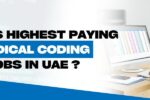 Female medical coder working on computer with data charts, alongside text asking about the highest paying medical coding jobs in UAE – Zabeel Institute branding displayed.