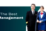 Four professionally dressed individuals stand together, symbolizing roles in aviation, with the text questioning the best airport management course.