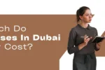 Two women engage in discussion about HR course costs in Dubai, with text highlighting the topic and a social media link below.