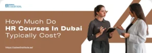 Two women engage in discussion about HR course costs in Dubai, with text highlighting the topic and a social media link below.