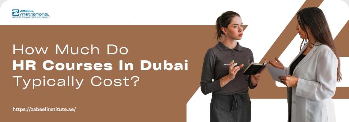 Two women engage in discussion about HR course costs in Dubai, with text highlighting the topic and a social media link below.