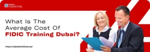 A professional discussing FIDIC training costs in Dubai, with training materials in hand, set against a bold red background.