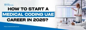 A professional environment featuring a large screen displaying medical coding data, with individuals discussing career opportunities in the UAE for 2025.