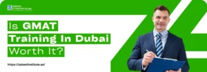 A professional man in a suit holds a clipboard, questioning the value of GMAT training in Dubai, with a vibrant green backdrop.