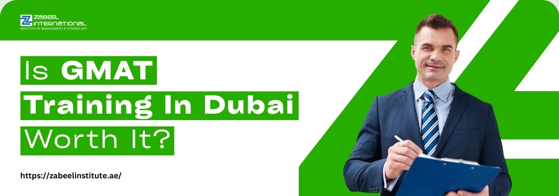 A professional man in a suit holds a clipboard, questioning the value of GMAT training in Dubai, with a vibrant green backdrop.