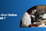 A professional woman writing at a desk with dual monitors on a blue Zabeel International Institute banner asking 'What Are The Best Online Courses In UAE?