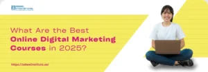 What Are the Best Online Digital Marketing Courses in 2025? A person sitting cross-legged with a laptop, surrounded by a vibrant yellow background, discussing digital marketing courses for 2025.