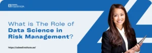A person holds a book, with a blue background displaying the text, "What is The Role of Data Science in Risk Management?"