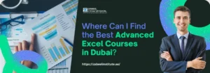 A collage of charts and graphs on a desk with a laptop, emphasizing the search for advanced Excel courses in Dubai.