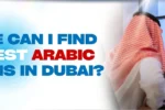 A person in traditional attire poses the question, "Where can I find the best Arabic lessons in Dubai?" in a modern office setting.