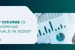 A professional woman in a suit is standing beside financial charts and graphs, discussing the best PMP courses for 2025.