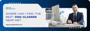 A business professional sits at a desk with a computer, calculator, and financial documents, looking for CMA class information.
