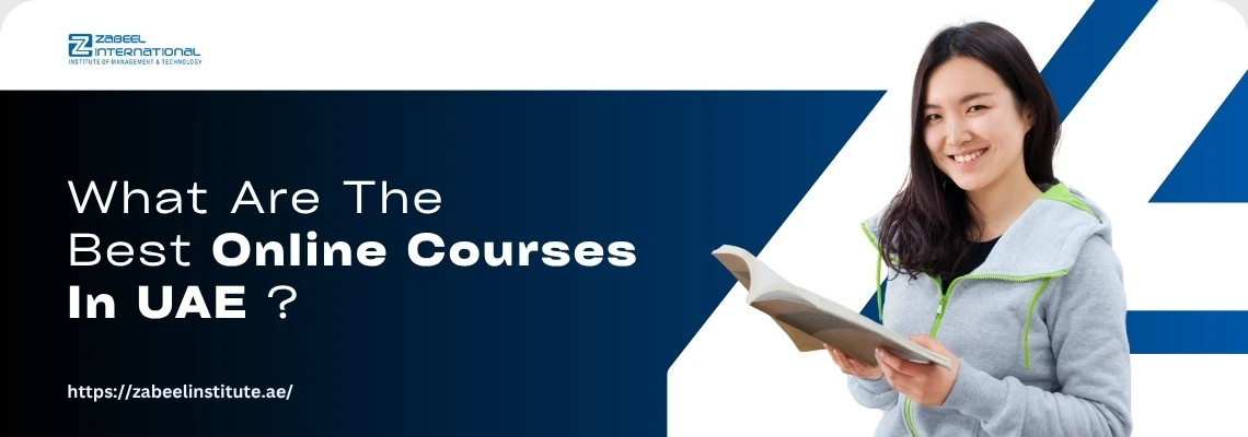 A woman in a gray hoodie holds an open book against a dark blue background, promoting online courses in the UAE.