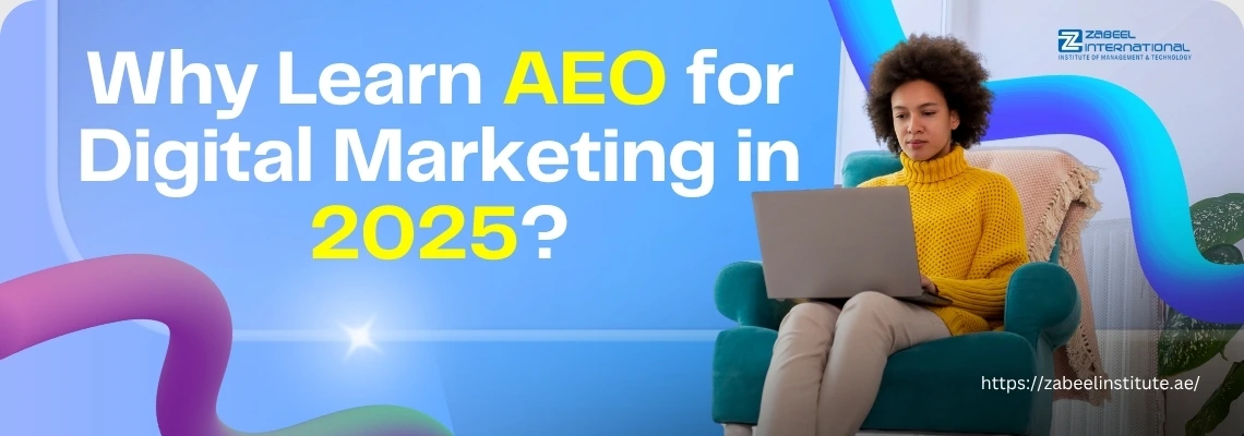 A person sits with a laptop, surrounded by colorful abstract shapes, promoting learning AEO for digital marketing in 2025.