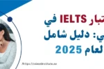 امرأتان تجلسان على طاولة مع أوراق عمل، وتناقشان امتحان IELTS في دبي، مع رسم توضيحي ترويجي لعام 2025.