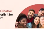 A group of young adults smiles together, promoting Adobe Creative Courses, with a vibrant background and a professional logo.